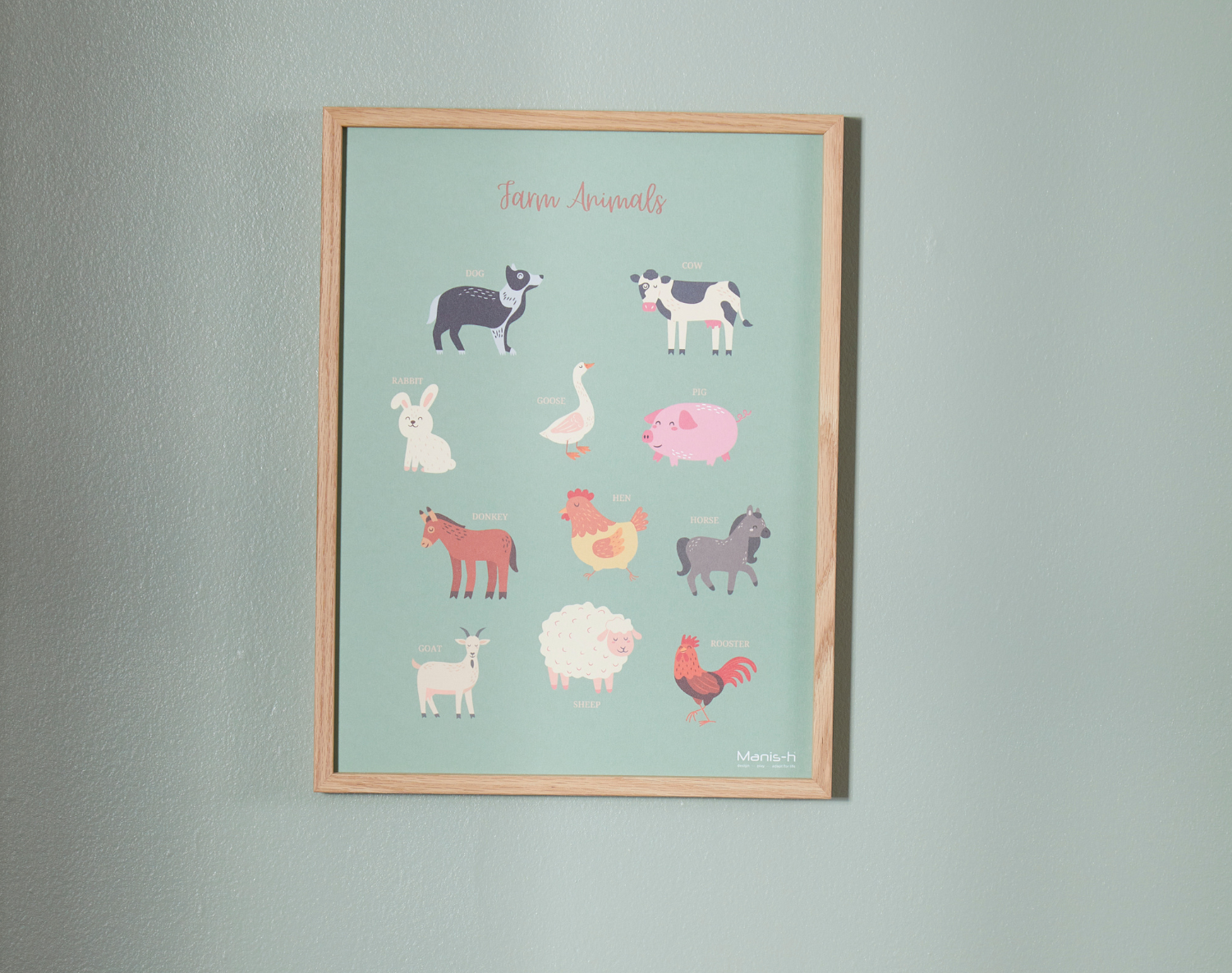 Læringsplakat til børn "Farm animals" - inkl. egetræsramme