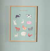 Læringsplakat til børn "Farm animals" - inkl. egetræsramme