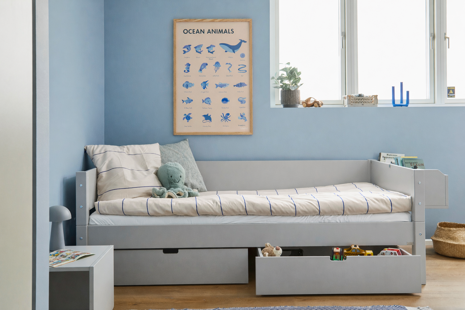 Læringsplakat til børn "Ocean animals" - inkl. egetræsramme