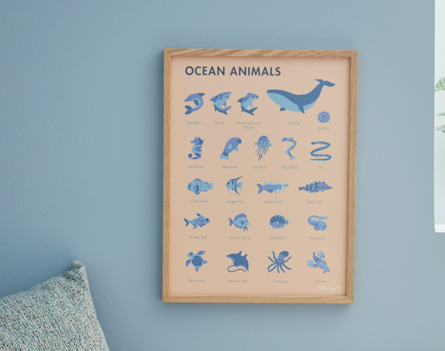 Læringsplakat til børn "Ocean animals" - inkl. egetræsramme