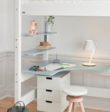 Buy the picture - Gefion high bed with sky blue desk top and shelves